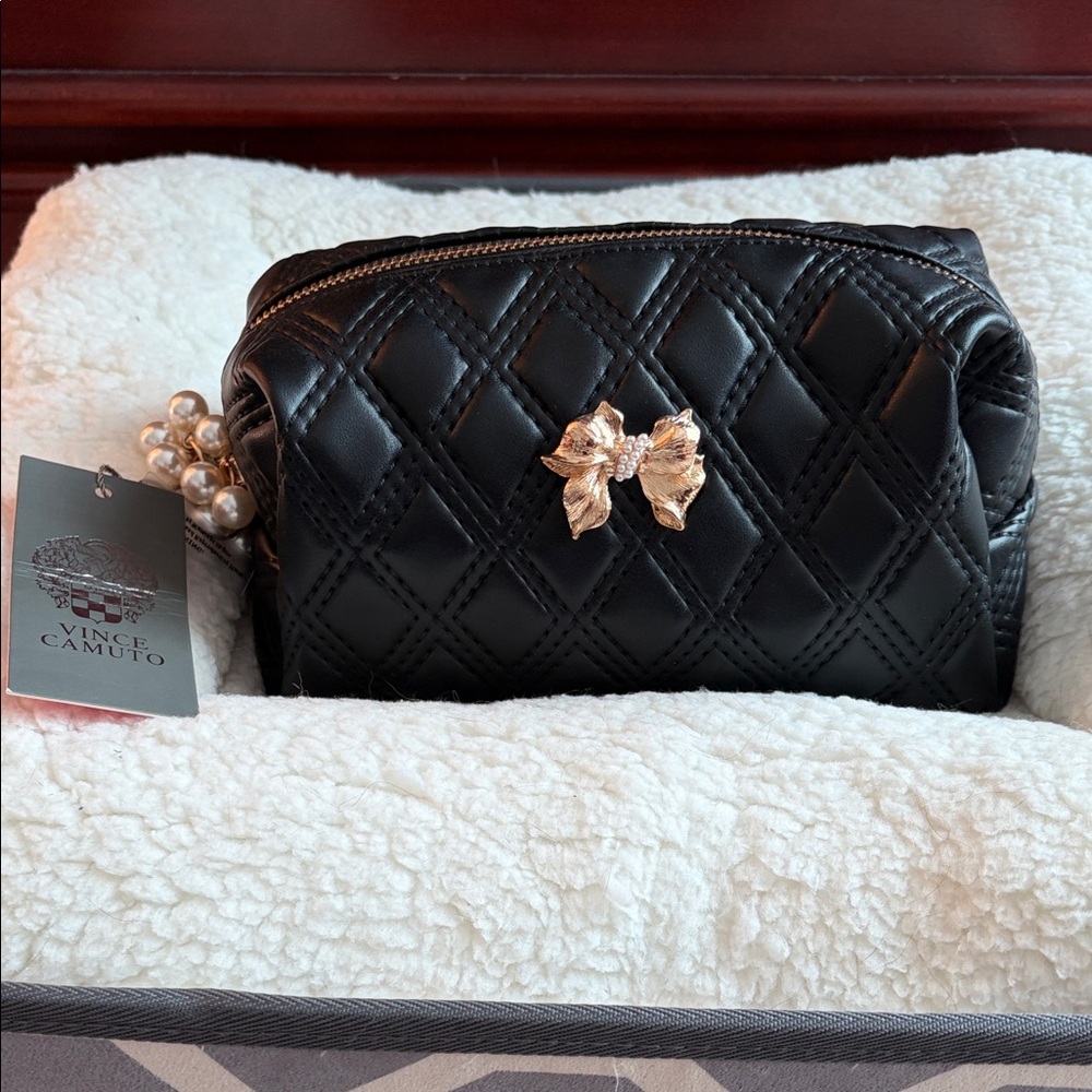 Vince Camuto Black Quilted Cosmetic Bag with Gold Bow